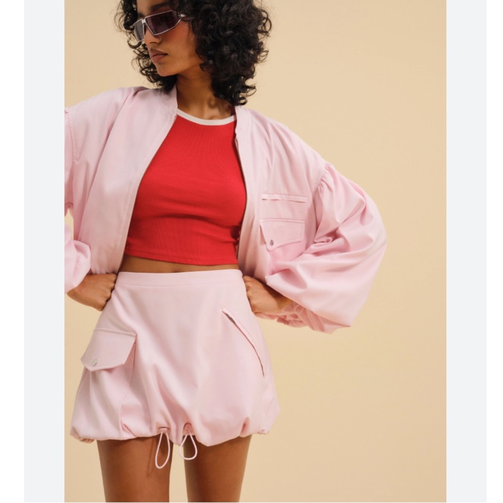 For Love & Lemons Elanah 2 Piece Co-Ord Light Baby Pink Bubble Jacket Skirt Set